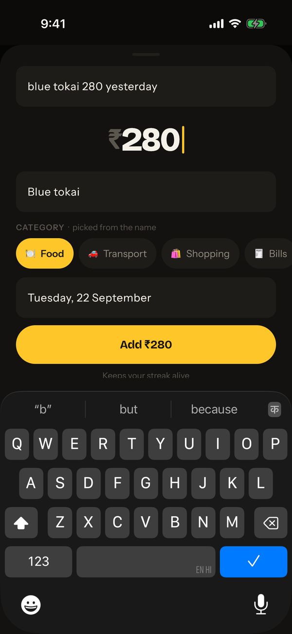 Typing “blue tokai 280 yesterday” fills ₹280, Blue tokai, Food and Tuesday 22 September